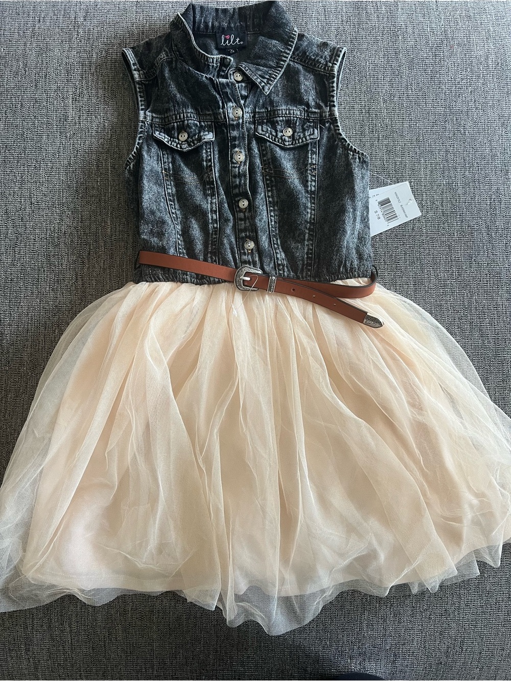 lilt Black Denim Bodice Cream Tulle Dress with Brown Belt for Girls